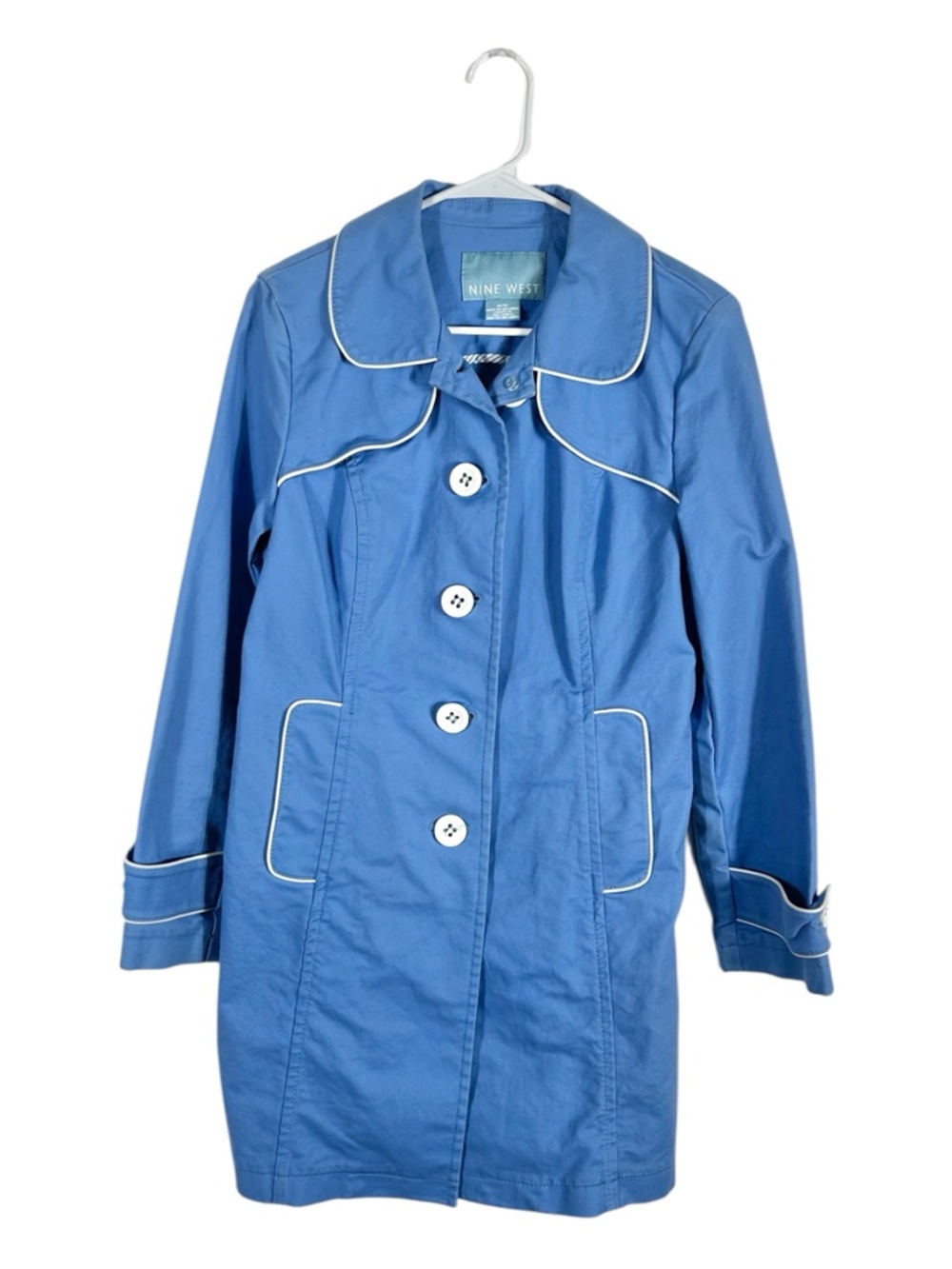 Nine West Retro Inspired‎ Mod GoGo Blue White Piping Trench Coat Size Medium